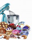 Variazione di pasticcini e dolci e mixer — Foto stock