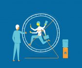Businessman running in exercise wheel watched by businesswoman — Stock Photo
