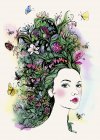 Porträt einer schönen Frau mit Schmetterlingen und Blumen im Haar — Stockfoto