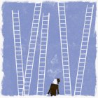 Businessman looking up at ladders — Stock Photo