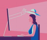 Рука, що виходить з екрану комп'ютера, накладає капелюх на голову жінки — стокове фото