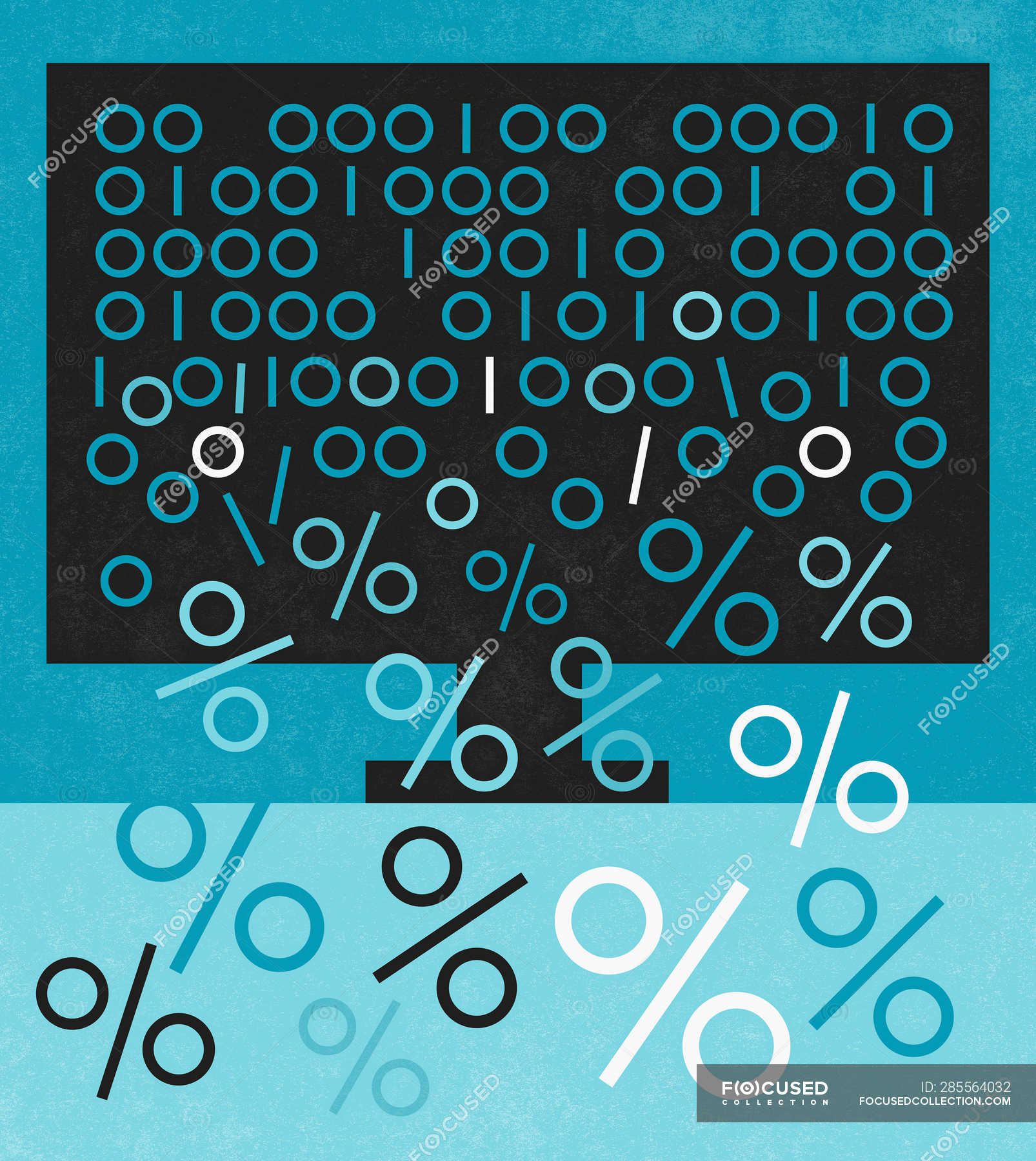 Binary code falling out from computer screen and turning into percentage  signs — blue background, digital - Stock Photo | #285564032