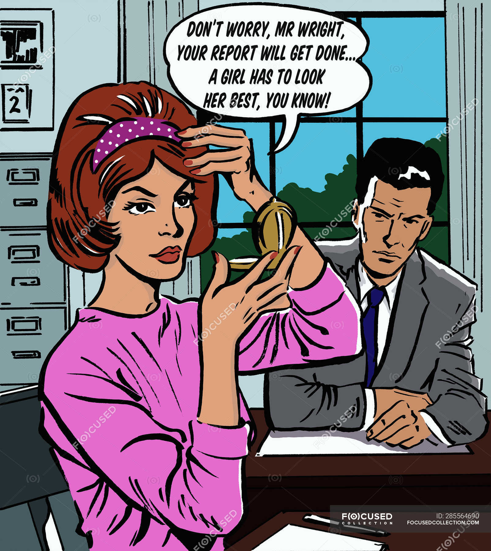 Woman fixing her hair in boss office, text on background — cartoon, Front  View - Stock Photo | #285564690