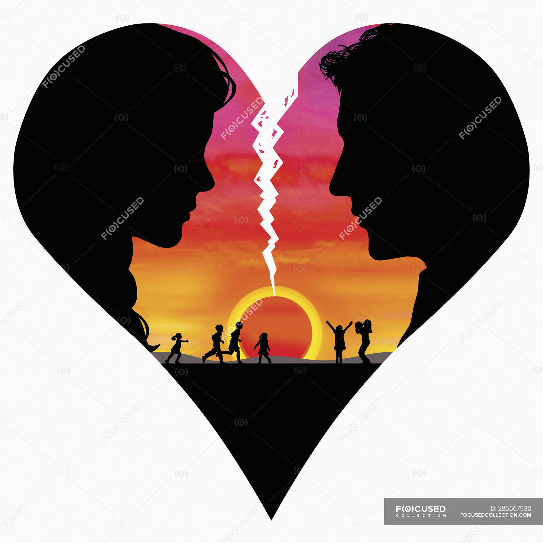 Couple inside breaking heart with happy family at sunset in background —  girls, Face To Face - Stock Photo | #285567930
