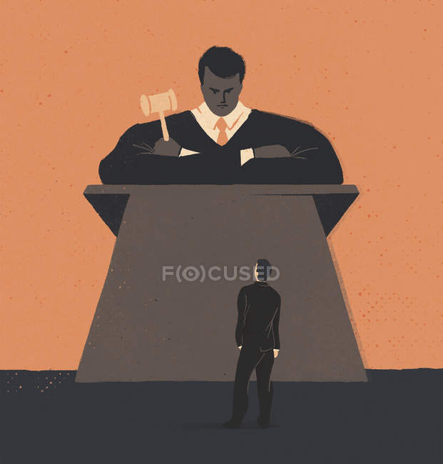 Man standing in front of large judge — illustration, ominous Stock