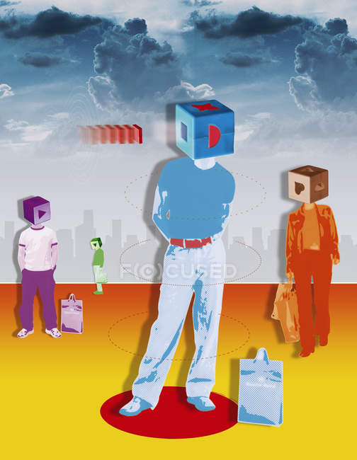 Consumers with boxes covering heads — Stock Photo