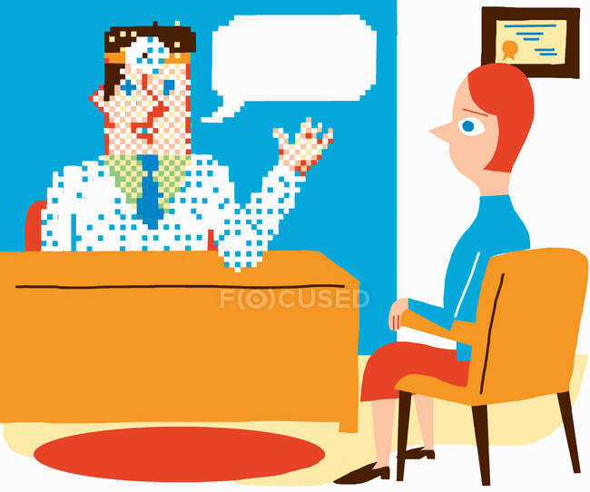 Піксельований чоловік за столом розмовляє з жінкою — стокове фото