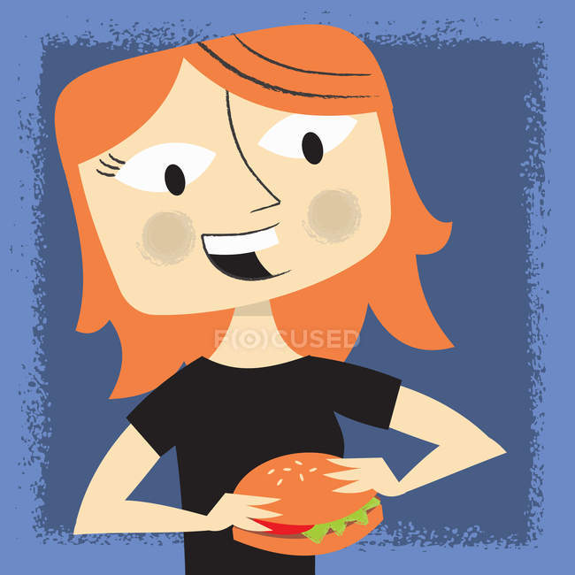 Mujer comiendo hamburguesa sobre fondo azul - foto de stock