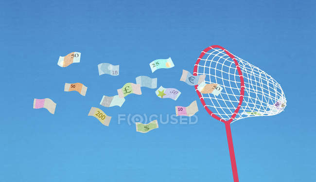 Butterfly net collecting flying banknotes — Stock Photo