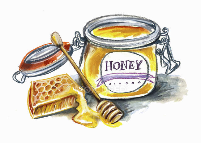 Miel en tarro, panal y palo de miel en la superficie blanca - foto de stock