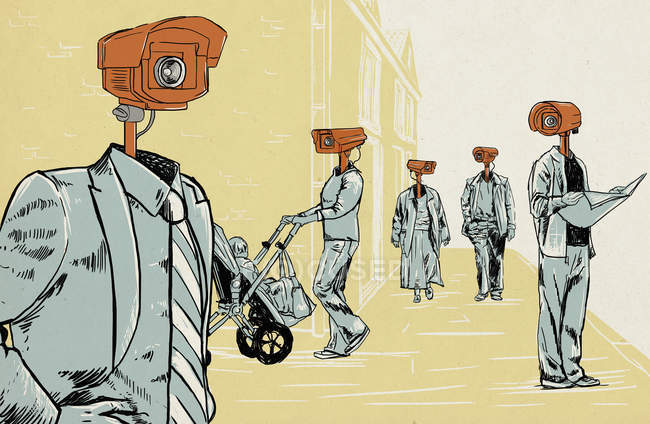 Personnes portant des caméras de vidéosurveillance comme têtes — Photo de stock