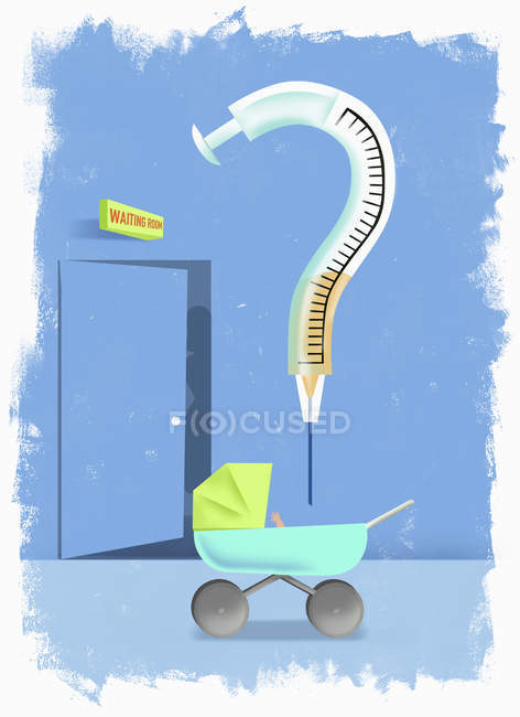 Question mark syringe above pram in front of waiting room — Stock Photo