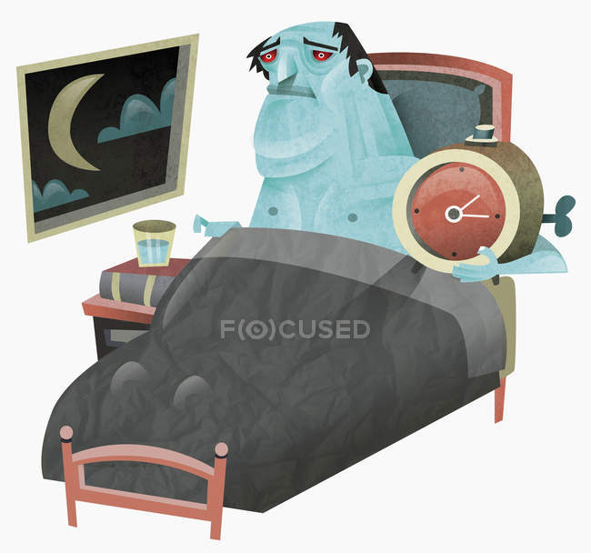 Homem doente na cama segurando despertador — Fotografia de Stock
