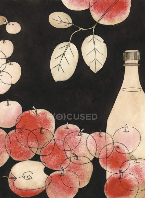 Äpfel, Ast und Flasche auf schwarzem Hintergrund — Stockfoto