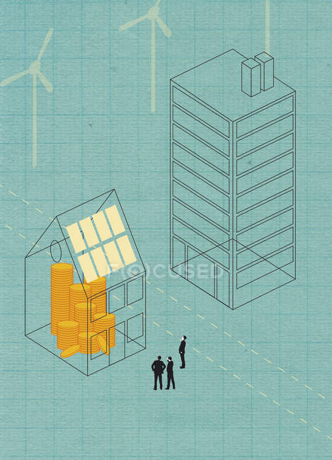 Три бизнесмена стоят у дома с солнечной системой, наполненной деньгами — стоковое фото