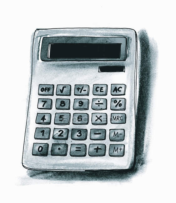 Calculadora gris sobre fondo blanco - foto de stock