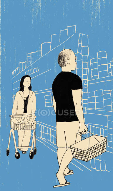 Mann und Frau wählen Produkte aus dem Regal im Supermarkt — Stockfoto