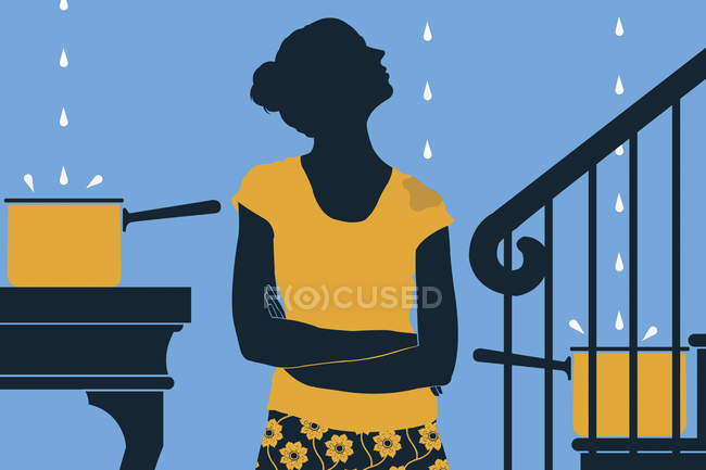 Woman looking at leaking roof — Stock Photo