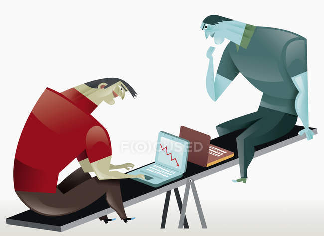 Businessmen using laptops on seesaw — Stock Photo