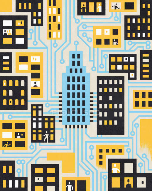 People and houses in city connected by circuit board — Stock Photo