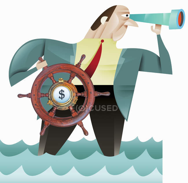 Businessman using steering wheel with dollar symbol — Stock Photo
