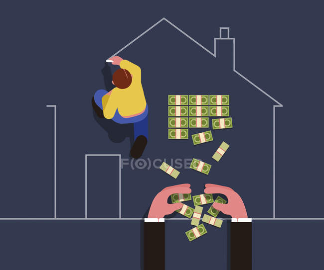 Мужчина рисует контур дома с бизнесменом, берущим деньги изнутри — стоковое фото