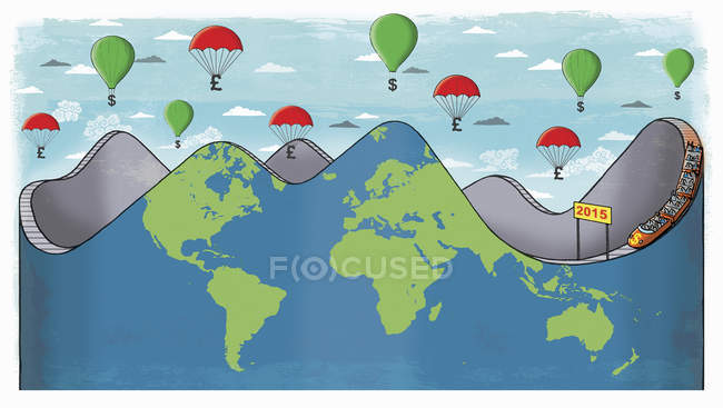 Montaña rusa global con globos de dinero por encima - foto de stock