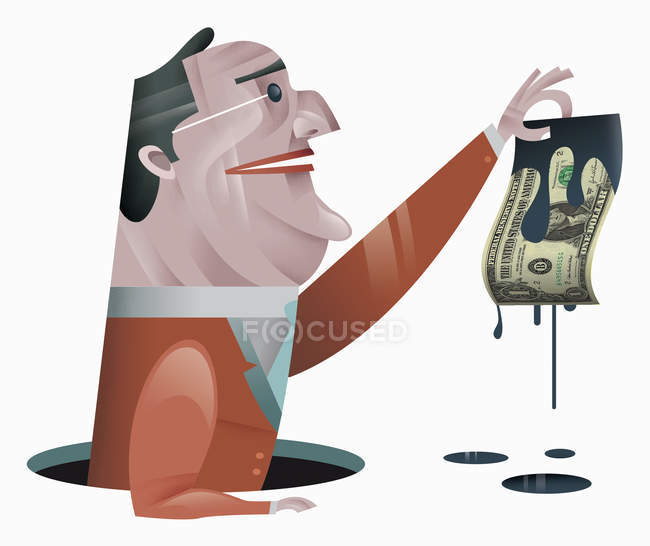 Businessman holding dollar bill dripping oil — Stock Photo
