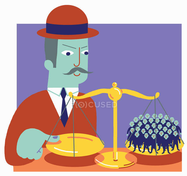 Large businessman putting finger on scale with lots of people on the other balance tray — Stock Photo
