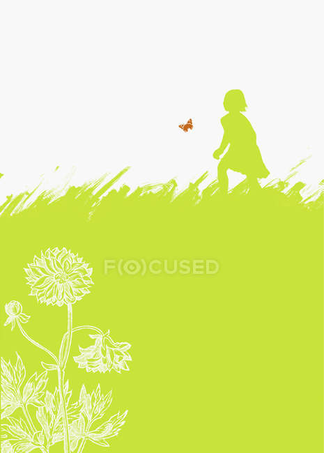 Girl chasing butterfly in field — Stock Photo