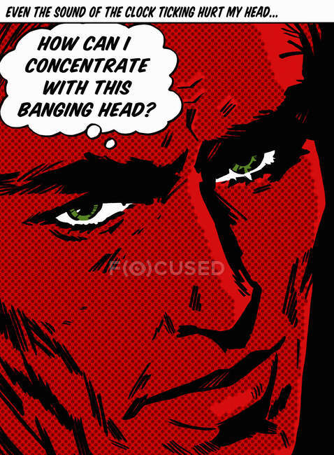 Close-up de homem com rosto vermelho reclamando de dor de cabeça em bolha de pensamento — Fotografia de Stock