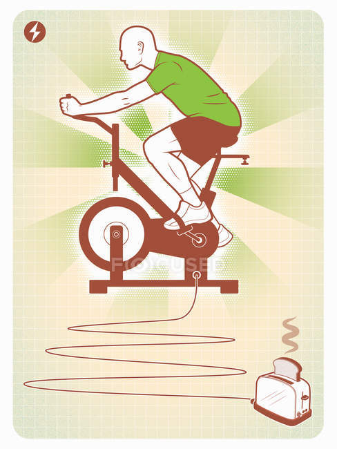 Homem na máquina de exercício conectado à torradeira — Fotografia de Stock