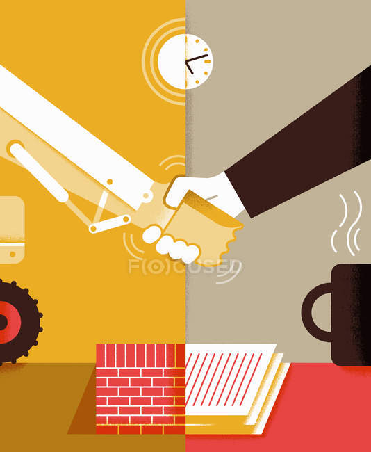 Handshake between man in office and robotic arm on construction site — Stock Photo