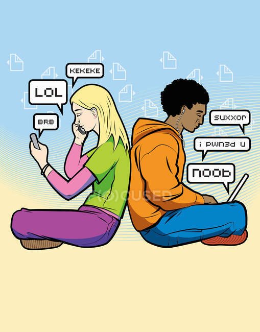 Adolescenti seduti schiena a schiena che comunicano tramite dispositivi mobili in gergo internet — Foto stock