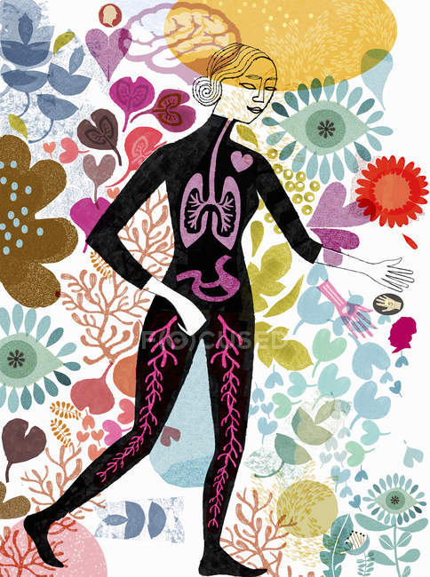 Frau mit sichtbaren inneren Organen, umgeben von Blumen — Stockfoto
