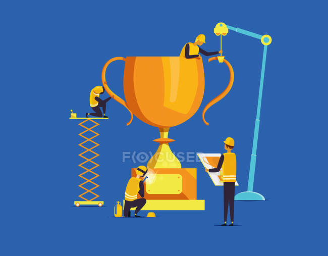 Builders assembling large trophy — Stock Photo