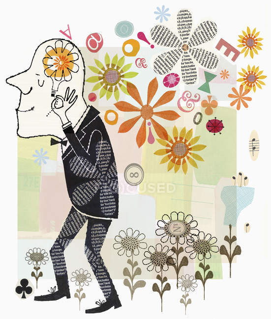 Collage de hombre feliz rodeado de flores y pensando - foto de stock