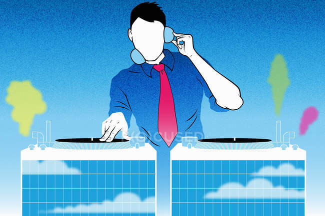 DJ em toca-discos em fundo azul — Fotografia de Stock