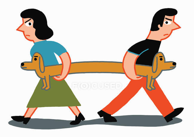 Man and woman pulling at dog in different directions — Stock Photo