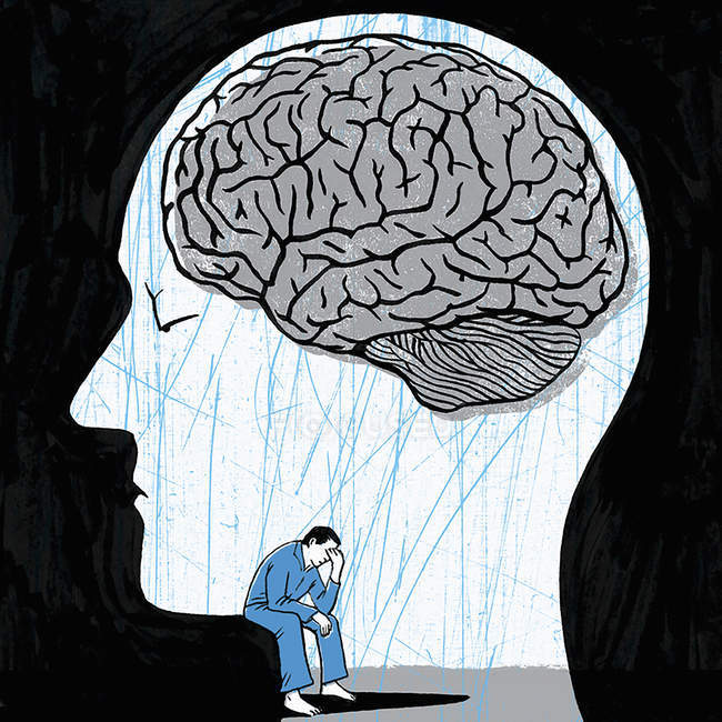 Hombre deprimido dentro de la cabeza con cerebro - foto de stock
