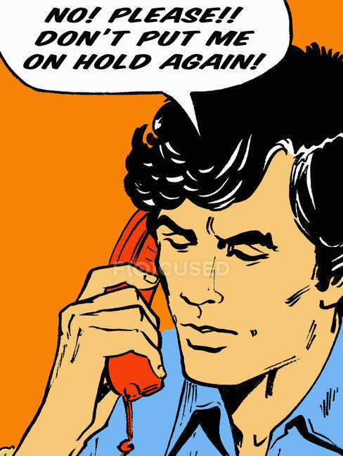Frustrated man on telephone talking in speech bubble — Stock Photo