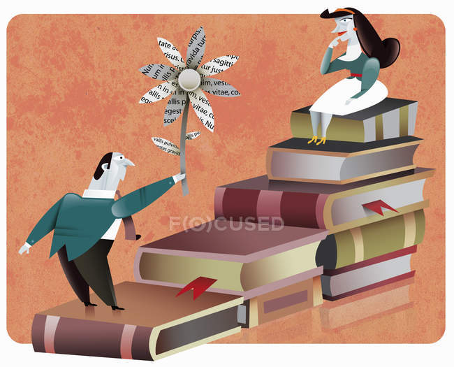 Man offering flower to woman sitting on books — Stock Photo