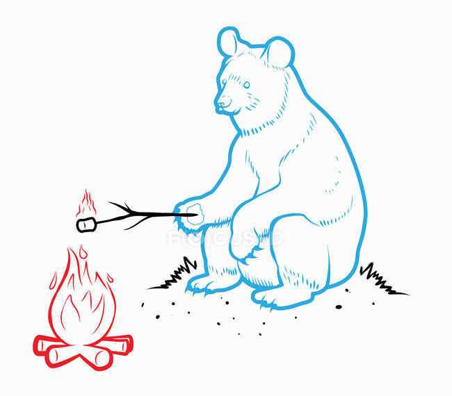 Bear roasting marshmallow at camp fire — Stock Photo