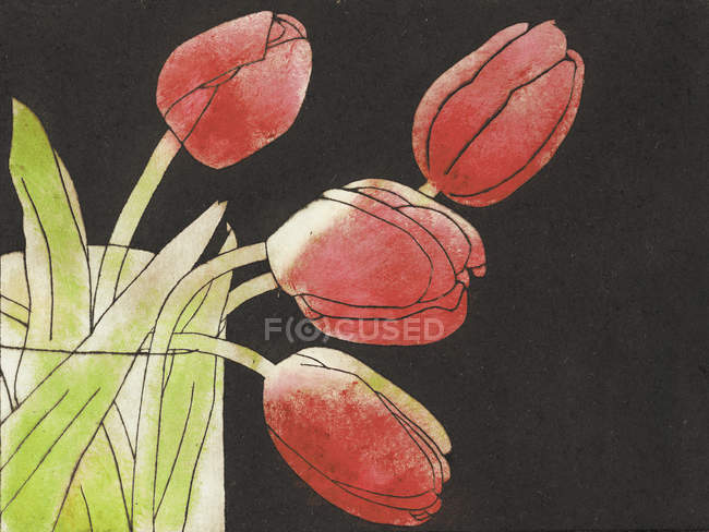 Red tulips in vase on black background — Stock Photo