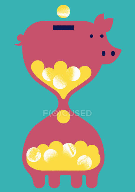 Piggy bank como ampulheta em fundo turquesa — Fotografia de Stock