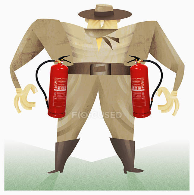 Man with fire extinguishers — Stock Photo