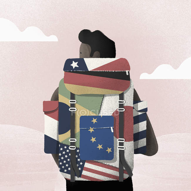 Young man wearing backpack with many different flags — Stock Photo