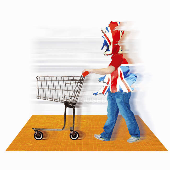 Bandera británica que cubre al consumidor con carrito de compras - foto de stock