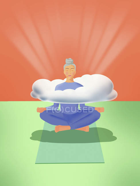 Mulher levitando praticando ioga com cabeça em nuvens — Fotografia de Stock