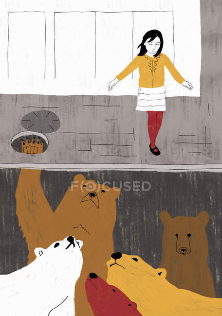 Girl stepping on ground unaware of bears underneath — Stock Photo